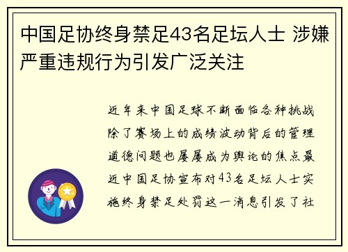 中国足协终身禁足43名足坛人士 涉嫌严重违规行为引发广泛关注